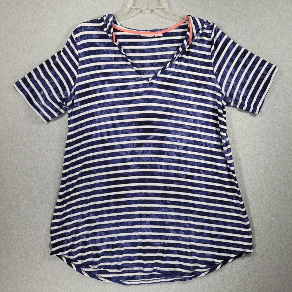 Antibes Blanc Tunic Womens 1X Hooded Tee Blue White Stripe High Low Hem
